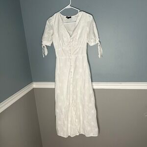 Nobody's Child White Organic Cotton Eyelet Midi Tea Dress V-Neck Size 2 US